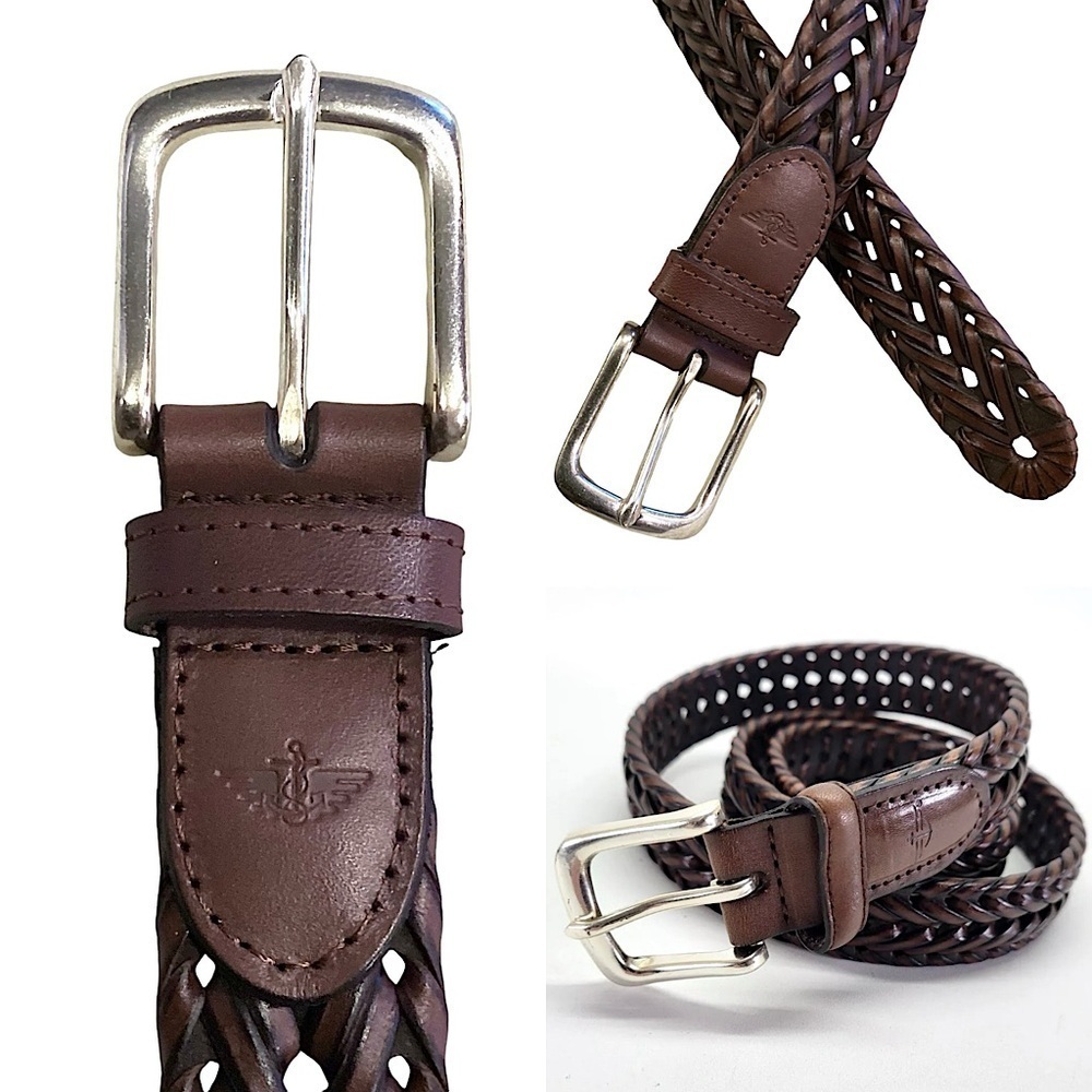 Dockers Brown Leather & PU Leather Woven Belt  38” L Adjustable Sz Silver Buckle
